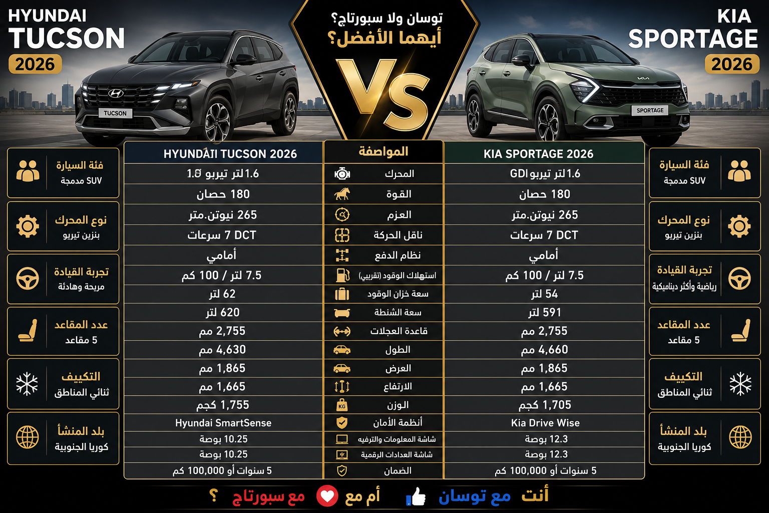 مقارنة هيونداي توسان 2026 وكيا سبورتاج 2026.. أيهما الأفضل للشراء؟